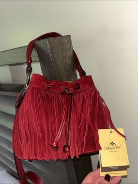 Patricia Nash Suede Bucket Bag With Fringe Leather Handle Dust Bag Wine Red, NWT